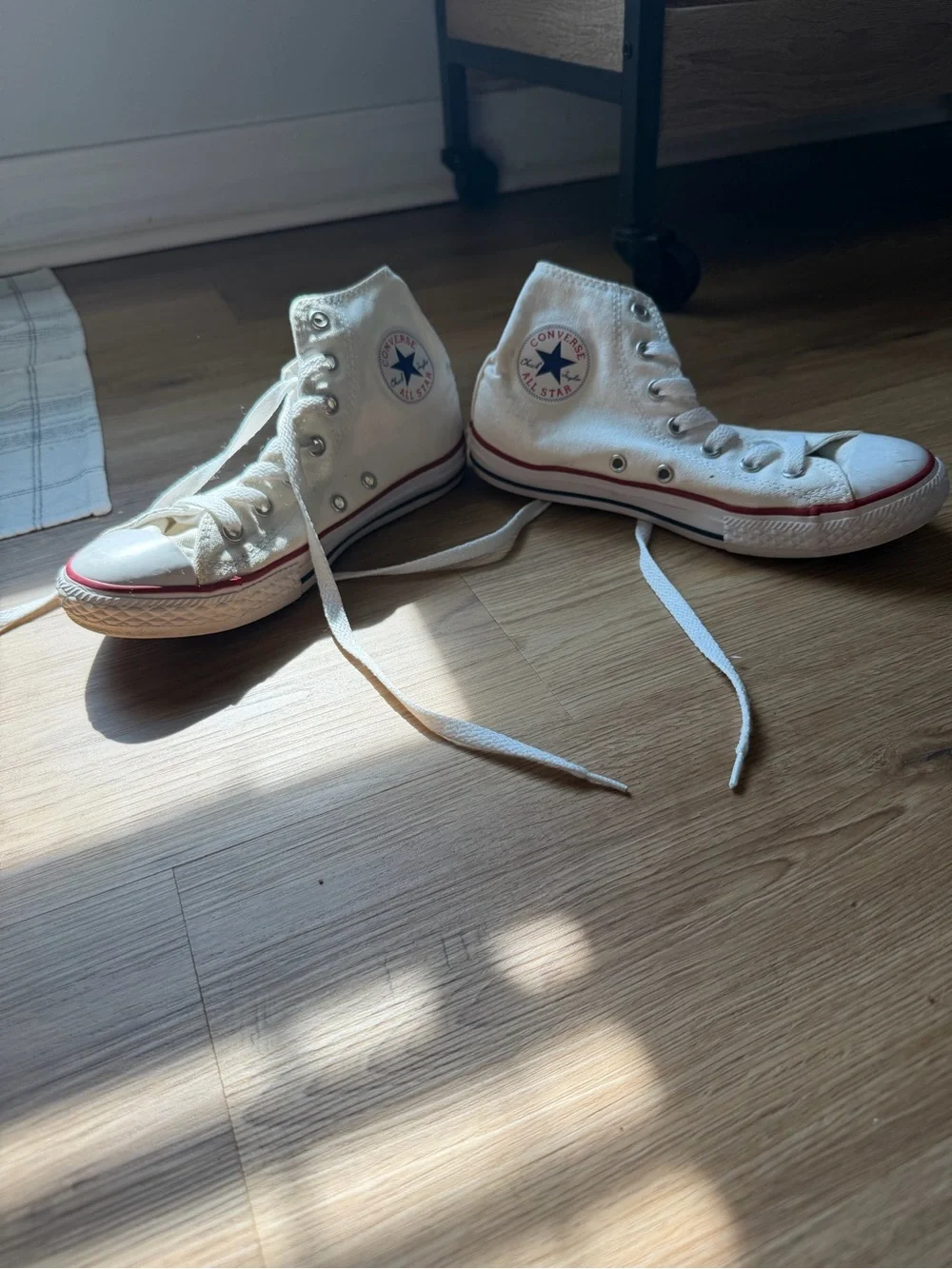 Converse White High Top Sneakers with Red & Blue Trim